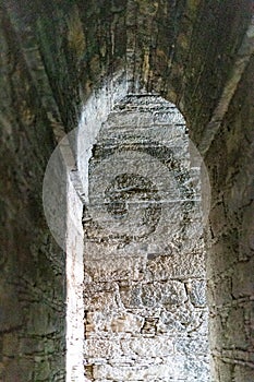 The inside view of the corridor of the Balo Kaley double dome stupa built in the 2nd century