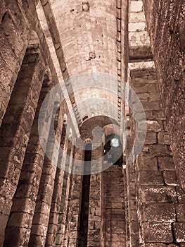 The inside view of the dungeon structure in the ancient city of Dara. Mardin, Turkey. historical building built on high pillars.