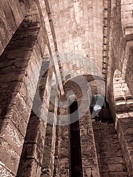 The inside view of the dungeon structure in the ancient city of Dara. Mardin, Turkey. historical building built on high pillars.