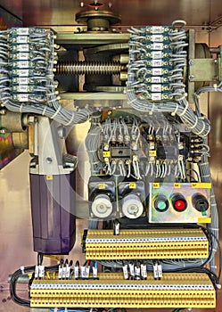 Inside view of electrical control cubicle of high voltage disconnector