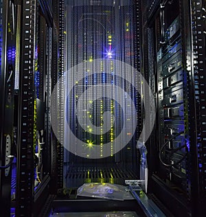 Inside view of empty rack modern supercomputer data center