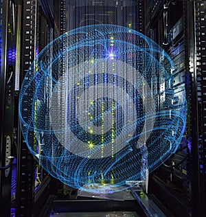 Inside view of empty rack modern supercomputer data center