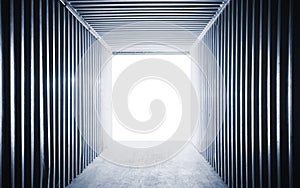 Inside View of Empty Shipping Cargo Container. Dark Space Abstract Background.