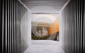 Inside View of Empty Shipping Cargo Container. Trailer Trucks Loading Packaging Boxes at Dock Warehouse. Shipping Freight Trucks.