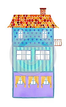 Inside view of empty three-story cartoon paper doll house. Hand drawn watercolor illustration