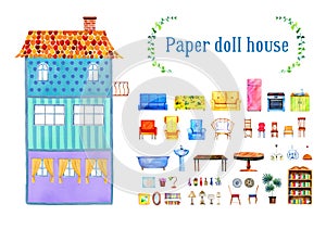 Inside view of empty three-story cartoon paper doll house with set of furniture. Hand drawn watercolor illustration