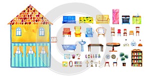 Inside view of empty two-story cartoon paper doll house with set of furniture. Hand drawn watercolor illustration