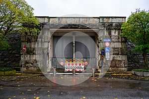 Inside view of a flood protection barrier in rain