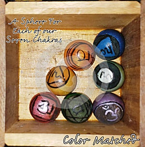 Inside view of a hand painted Reiki Box. Showing all Chakra Points in the Diorama and corresponding to the Reiki Ball by color.