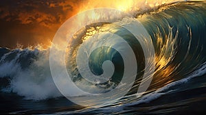 Inside view of the huge breaking wave. Generative AI.