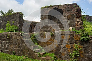 Inside view of old ruined protection wall of Dhodap fort, Nashik, Maharashtra, India