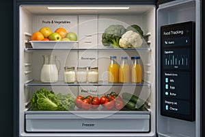 Interior of Open Smart Refrigerator with AI Interface Display photo