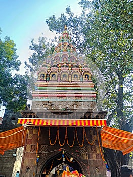 Inside view of popular holy temple In Maharashtra state tuljabhavani mata Mandir tuljapur. dravidian style temple tower, sculpture