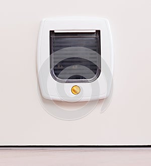 Inside view of a regular white cat flap, cat comming through