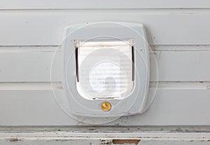 Inside view of a regular white cat flap, flap closed