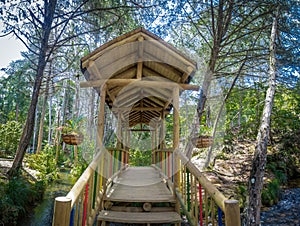 Inside view of small colorful covered wooden bridge - Parque Arvi, Medellin, Colombia