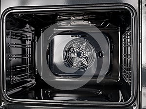 Inside view of the surface of an electric oven with a fan and grill, convection modes for cooking, pyrolytic cleaning of the stove