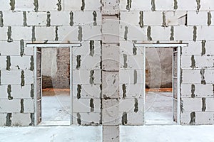 Inside view of working process of building house with wall made from foamed concrete blocks. Concept of construction