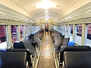 Inside a vintage railroad passenger train car