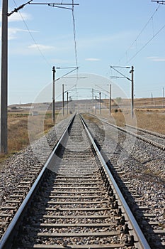 Inside of vintage railroad tracks, steel railway for trains