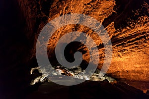 Inside volcanic cave with name Cueva de los Verdes. Lanzarote. Canary Islands