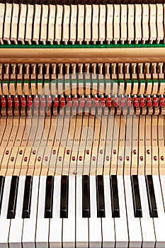 Inside wall piano, keys and string hammers