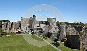 Inside the walls of Manorbier castle in Wales