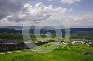 Inside the walls of Spis Castle with panorama of meadows - Spissky hrad National Cultural Monument (UNESCO) ruins of medieval