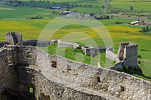 Inside the walls of Spis Castle with panorama of meadows - Spissky hrad National Cultural Monument (UNESCO) ruins of medieval