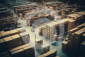 Inside of warehouse with endless cardboard boxes and pallets with people working inside