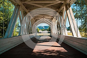 Inside the Weddle Bridge, a covered bridge in Sankey Park - Sweet Home, Oregon
