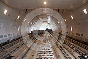 Inside wide body air cargo freighter