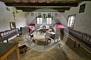 Inside the wooden house  in open air museum near Bardejovske kupele spa resort during summer