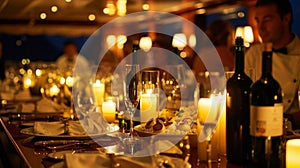 Inside the yachts lavish dining room guests are gathered around a long table adorned with flickering candles and elegant