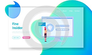 Insider Character Spying Landing Page Template. Tiny Woman Stand front of Huge Computer with Shield and Stars on Screen