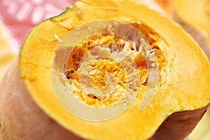 Insides of cut pumpkin closeup