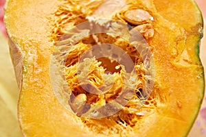 Insides of cut pumpkin closeup
