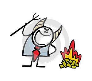 Insidious boss of the devil with horns and pitchforks is having fun over a bonfire with money. Vector illustration of an