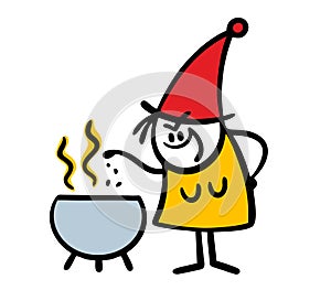 Insidious cartoon witch cooks a brew in a cauldron. Vector illustration of funny cook making a potion for witchcraft on