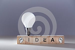 Insight and creative thinking. New idea generation. Perfect brainchild. Wooden cubes with inscription and lightbulb photo