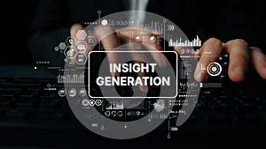 Insight Generation Concept with Hands on Keyboard and Digital Data Visualization Elements in Modern Workspace