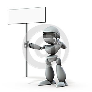 Insist on artificial intelligence robot. He has a sign.