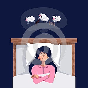 Insomnia concept. Cute young woman counting sheep. Sleepless girl lying in bed with open eyes, trying to fall asleep