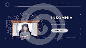 Insomnia concept for home page, web site template. Young woman suffers from sleep disorder cause of mental problems