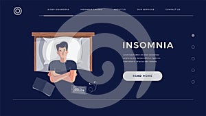 Insomnia concept for homepage, landing or website template. Young man suffers from sleep disorder. Male character lying