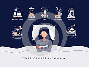 Insomnia concept vector illustration. Young woman lying in bed with open eyes. Causes of insomnia: electronic devices