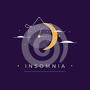 Insomnia illustration. Crescent, stars, clouds, clock symbolizes moon on dark blue sky landscape background at night