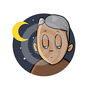 Insomnia, sleeplessness. Old man up at night. Cartoon design icon. Flat vector illustration. Isolated on white