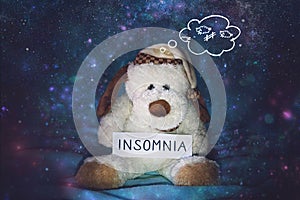 Insomnia, sleeplessness, sleep disorder, trouble sleeping, mental exercise concept. Soft toy dog in nightcap counting sheep and