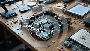 Inspecting Modern Circuit Board on Workspace for Design and Development
